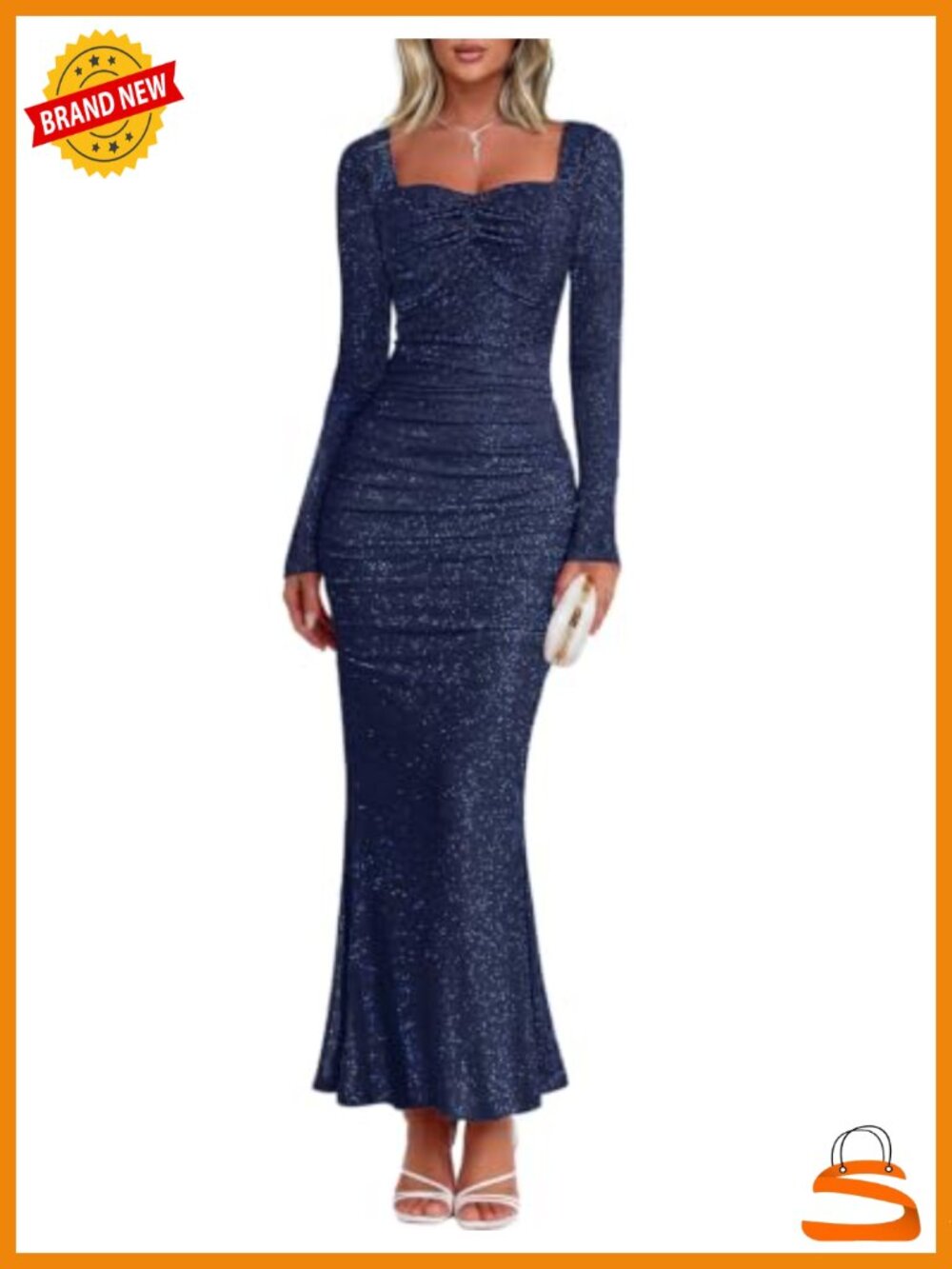 Sparkly Metallic Bodycon Maxi Dress Long Sleeve Wedding Guest Mermaid Hem